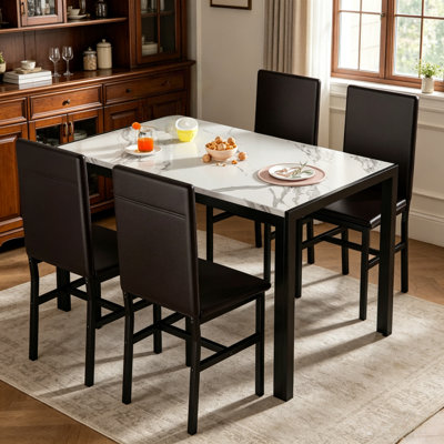 5-Piece Modern Faux Marble Dining Table Set with 4 Upholstered Chairs, Rectangular Kitchen Dining Set with Metal Frame, Small Space Breakfast Furniture