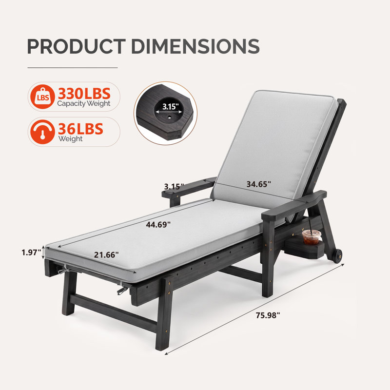 Chaise longue de patio en bois massif avec inclinaison à 4 positions, Black