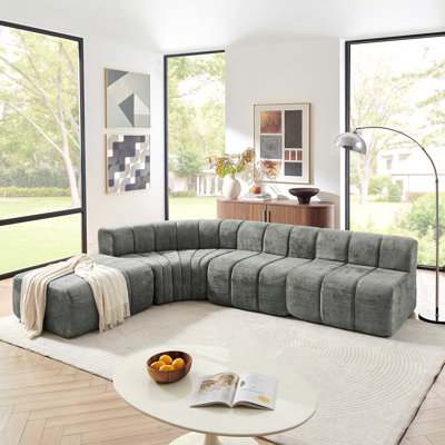 Modern Semi-Curved Modular Sectional Sofa, Vertical Stitched Chenille Soft Couch With Movable Adjustable Ottoman, Rounded Edge Wear-Resistant All Season Comfort Floor Sofa For Indoor Use-Dark Gray