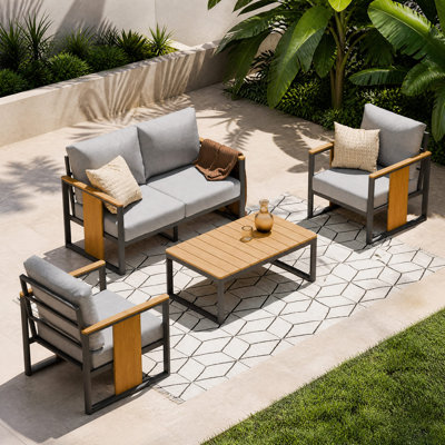 5-Piece Modern Aluminum & Teak Outdoor Patio Conversation Set With Gray Cushions, All-Weather Seating Group With Coffee Table For Backyard, Poolside, Deck