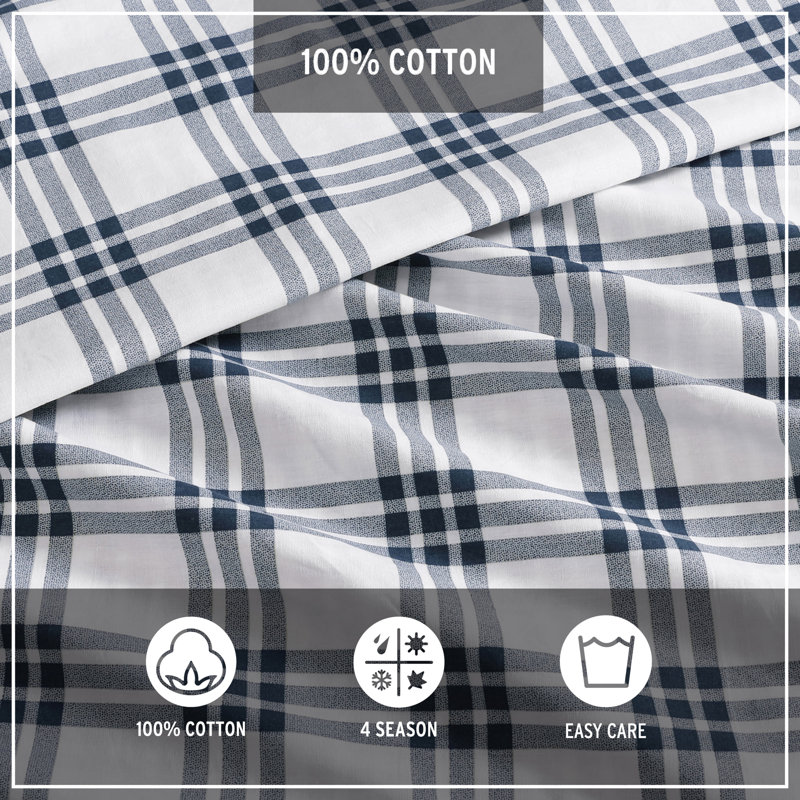 Navy Blue Plaid Cotton Full/Queen Duvet Set with Shams