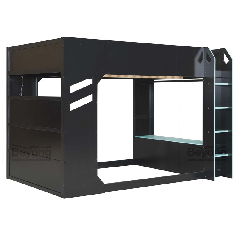 Lit mezzanine double en bois avec bureau à hauteur réglable, tiroirs, compartiments de rangement, tringle à suspension et lumières RVB, bleu