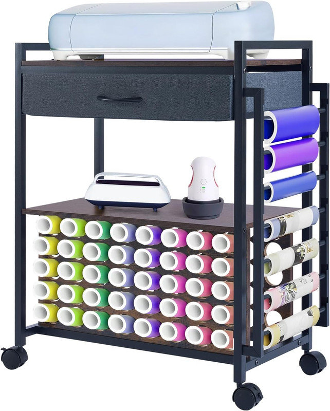 Organisateur de bricolage et chariot de rangement compatible avec la machine Cricut, chariot de rangement avec tiroir en tissu et crochet, 47 porte-rouleau en vinyle