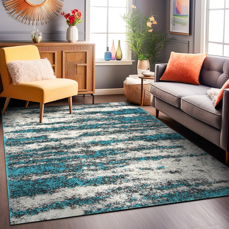 Tapis à poil long turquoise / gris / blanc Solana, Rectangle 7 pi 10 po x 10 pi