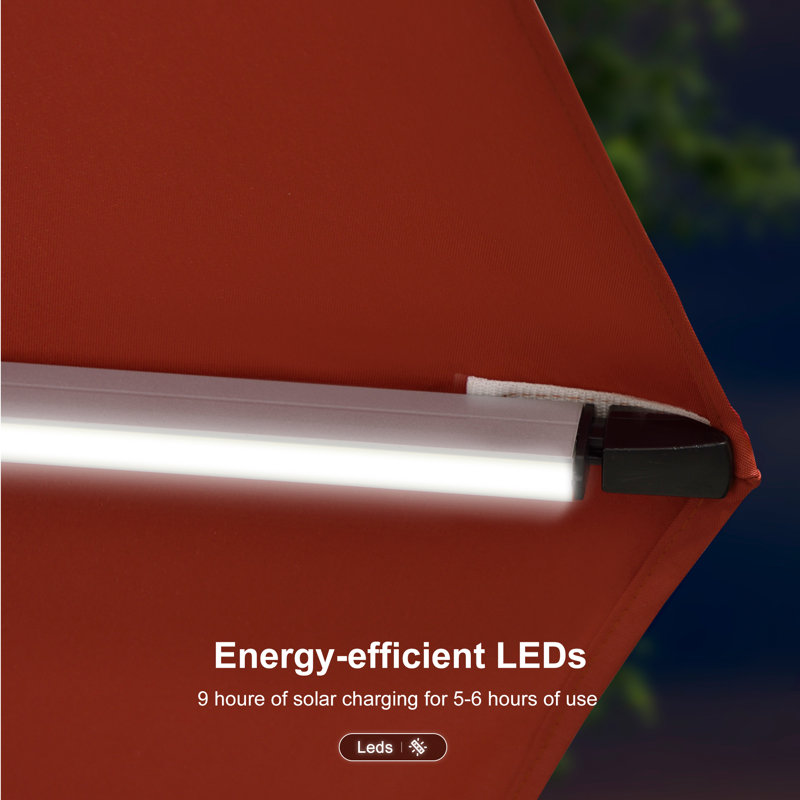 9' X 12' Solar Powered LED Lighted Patio Umbrella Outdoor Rectangle Umbrella With Steel Plate Base,Brick Red, Brick Red