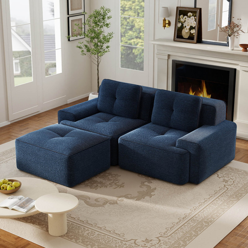 Canapé modulaire en velours côtelé de 80 po avec repose-pieds mobile, Blue Corduroy, 80.3" W x 27.1"H x 69.7"D