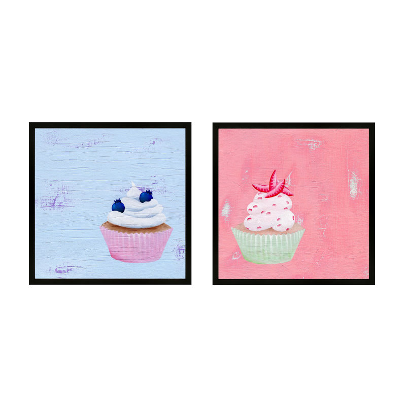 Blueberry And Strawberry Cupcakes. Set Of 2 Print by Katy Montica, 20" W x 20" H x 1.25" D, Black Framed Paper