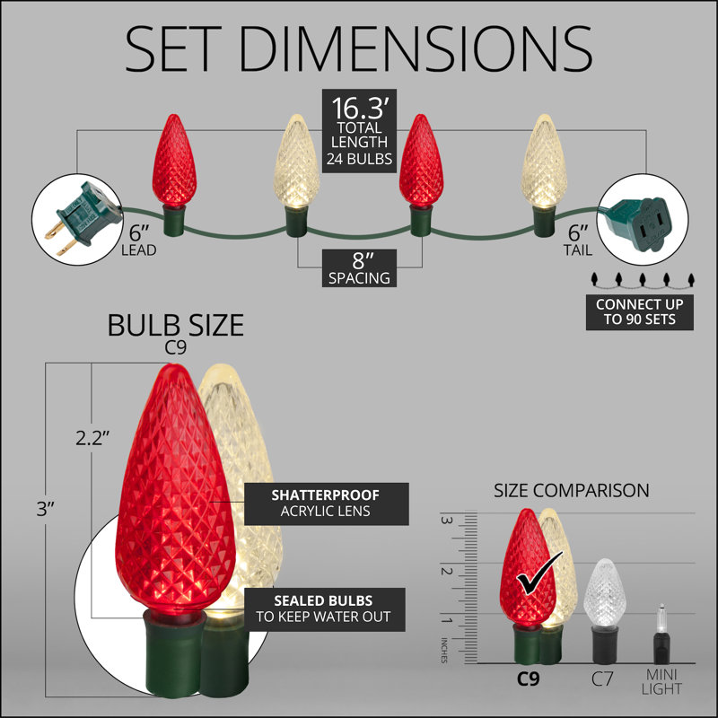 C9 LED Christmas String Light, Red/Warm White, 16.3' L, 24