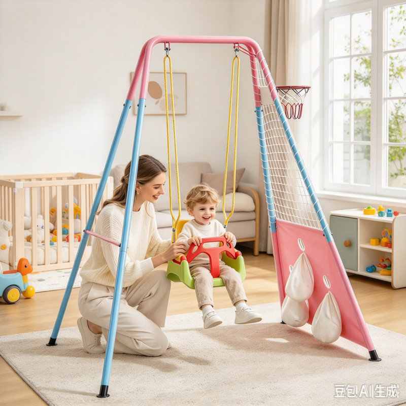 3-in-1 Toddler Swing Set with Basketball Hoop and Soccer Goals , Indoor/Outdoor Baby Swing with Foldable Metal Stand, Kids Swing Set for Backyard, Clear Instructions, Easy to Assemble & Store