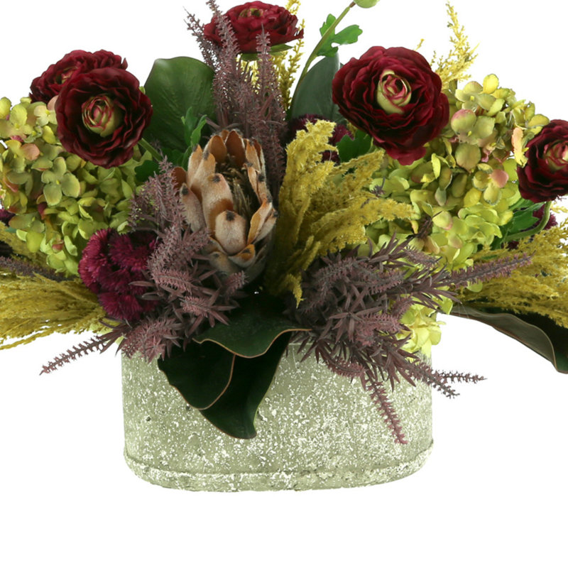 Hydrangea, Ranunculus and Protea in Grey Pot