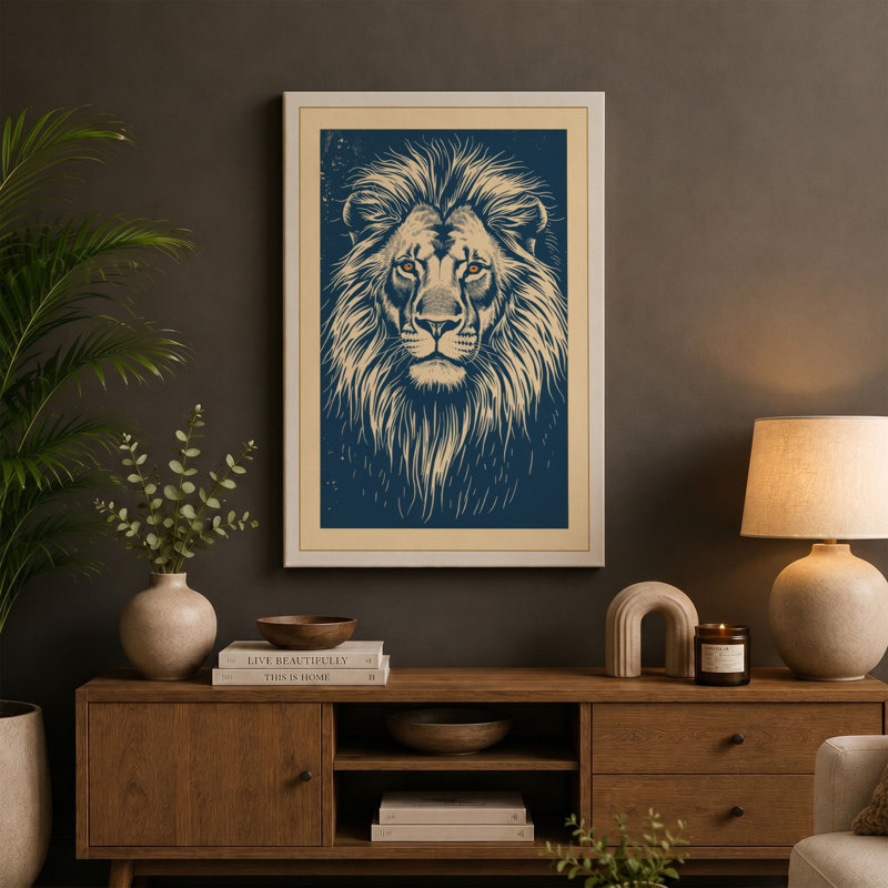 Noble Lion Japandi - Wrapped Canvas, 18x12 - 45.7 x 30.5 cm, Teal Border