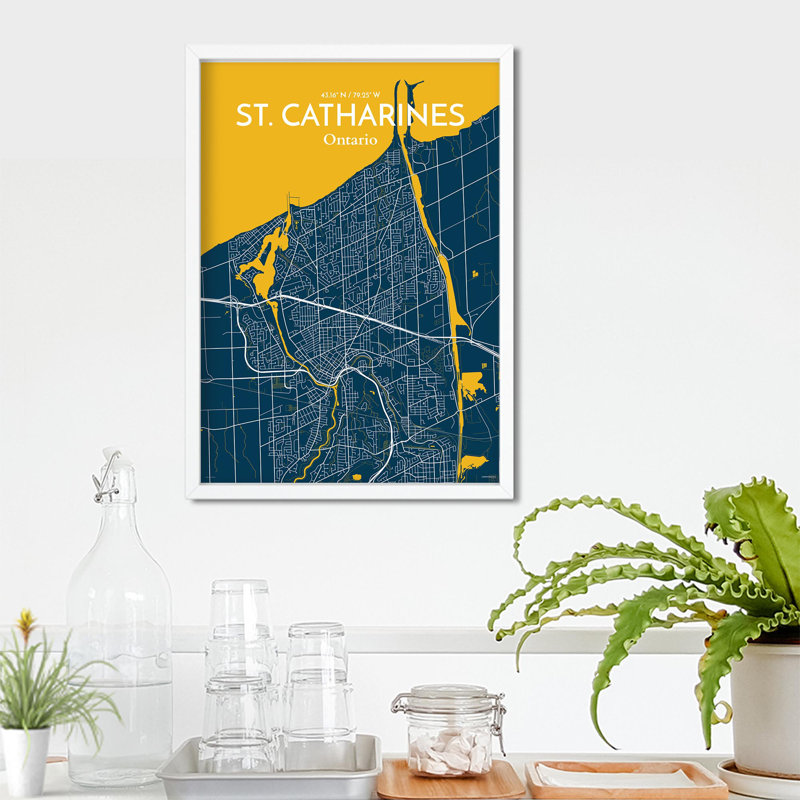 St. Catharines City Map, impression, H 27,6 po x l 19,7 po, Bleu / Jaune