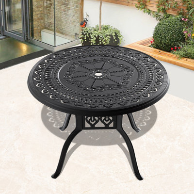 Table de salle à manger 39,37 "en fonte d'aluminium avec cadre et trou pour parasol