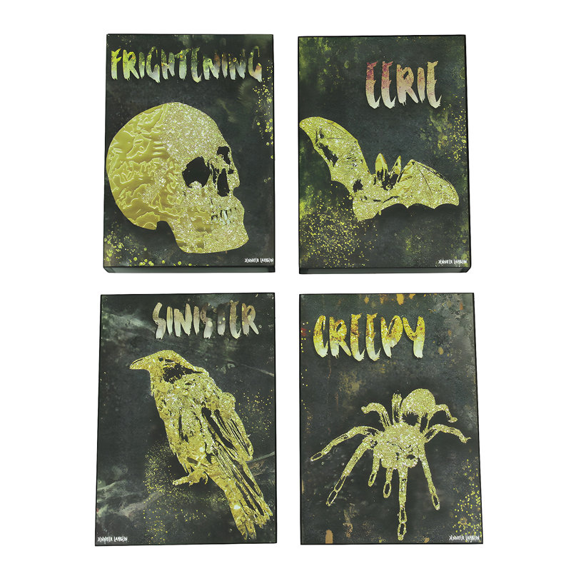 Ensemble de 4 décorations murales d'Halloween en bois noir avec accents dorés peints à la main, hauteur 24 cm