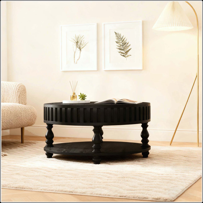 Table basse cannelée moderne avec rangement, table centrale à finition noire avec couvercle rabattable, pieds robustes en bois massif
