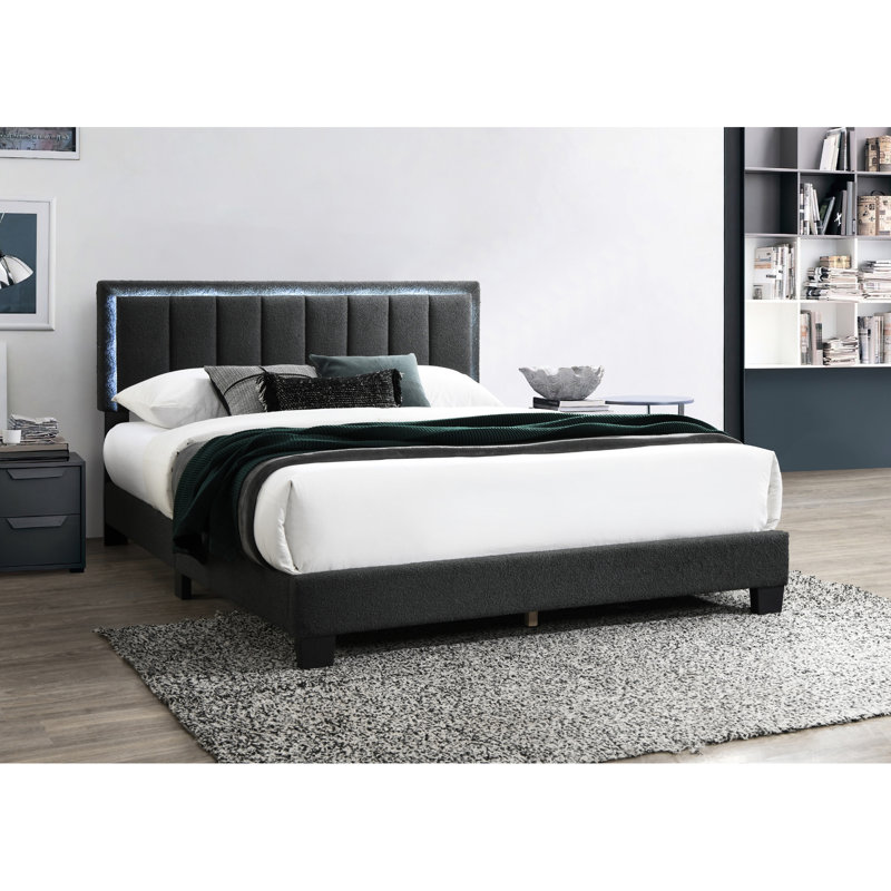 Structure de lit grand moderne, tissu en laine gris anthracite, tête de lit à DEL, lit de sommier sans sommier requis, plateforme, tête de lit