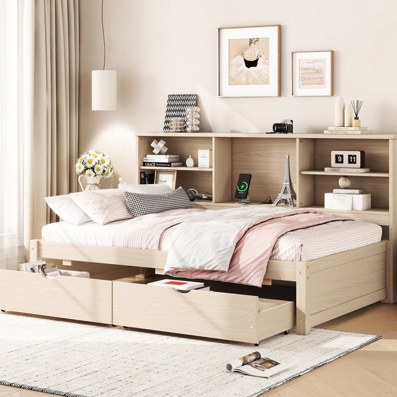 Lit de jour simple avec tablettes latérales, 2 tiroirs, rangement pour lit naturel, coloriage intégré, Naturel