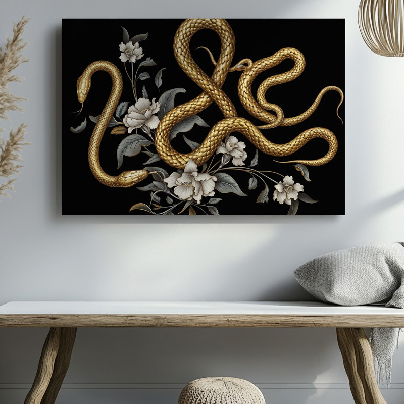 Toile d'un motif complexe saisissant avec des serpents élégamment enroulés dans un art mural riche, des teintes dorées entrelacées avec un art mural sur toile floral délicat