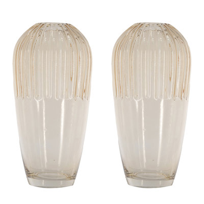 Set of 2, 5.9"W × 11.8"H Tapered Ribbed Amber Glass Accent Vase