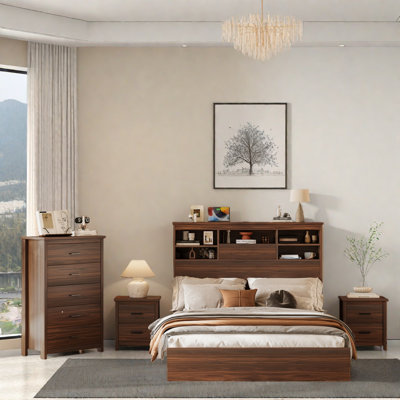 4pcs Bedroom Sets, Wooden Bed With Storage Headboard And Charging Station, 2 Nightstands With 2 Drawers, 1 Dresser With 5 Drawers by Winston Porter