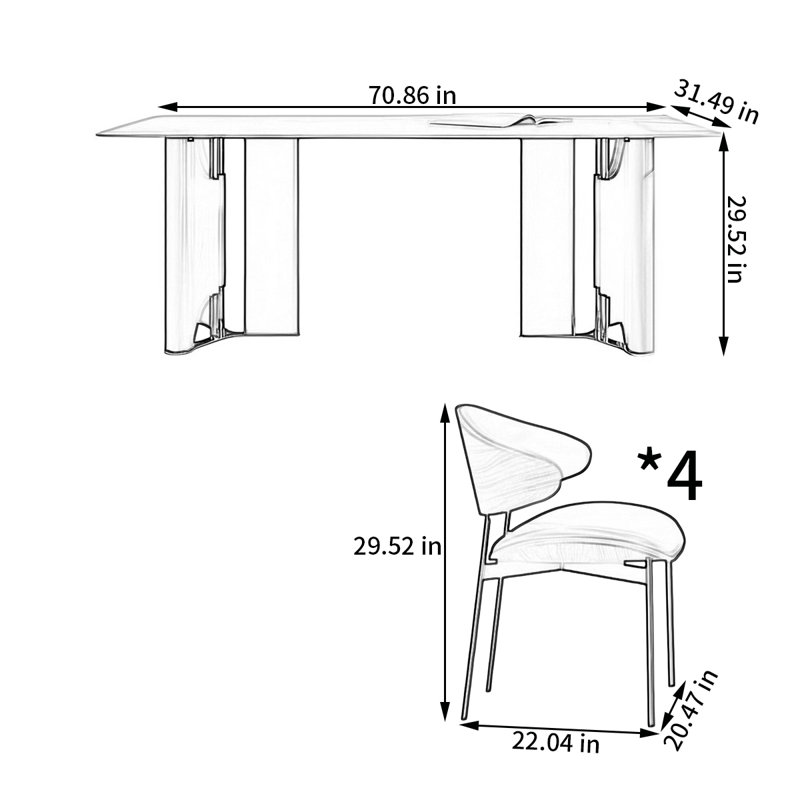 Ensemble de table rectangulaire moderne avec chaises, H 29,52 po x L 70,86 po x l 31,49 po