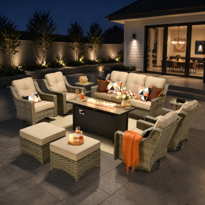 Sturgill 10-Piece Wicker Patio Conversation Set with Swivel Rocking Chairs and 50,000 BTU Fire Pit Table