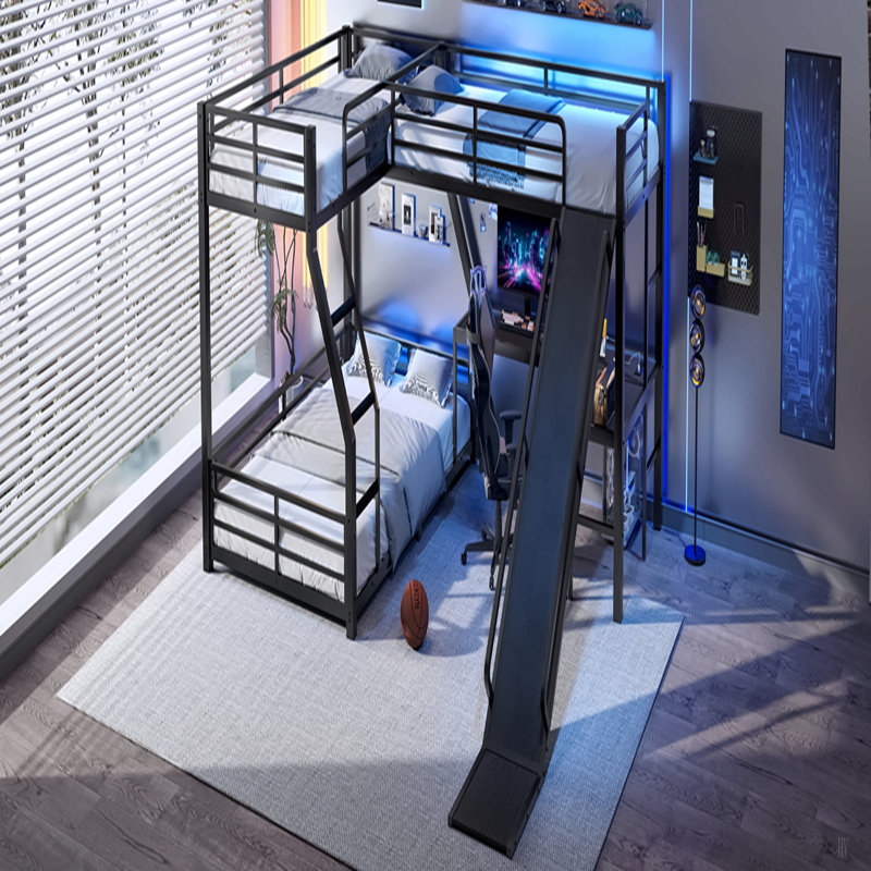 Lit superposé en L avec lit mezzanine, lit superposé triple en métal avec glissière et ports USB, conception peu encombrante et silencieuse