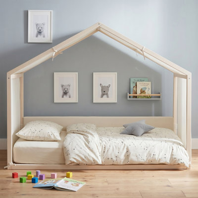 Twin Size Upholstered Daybed, House-Shape Linen Canopy, Velvet Panels, Sofa Bed, Modern, Bedroom