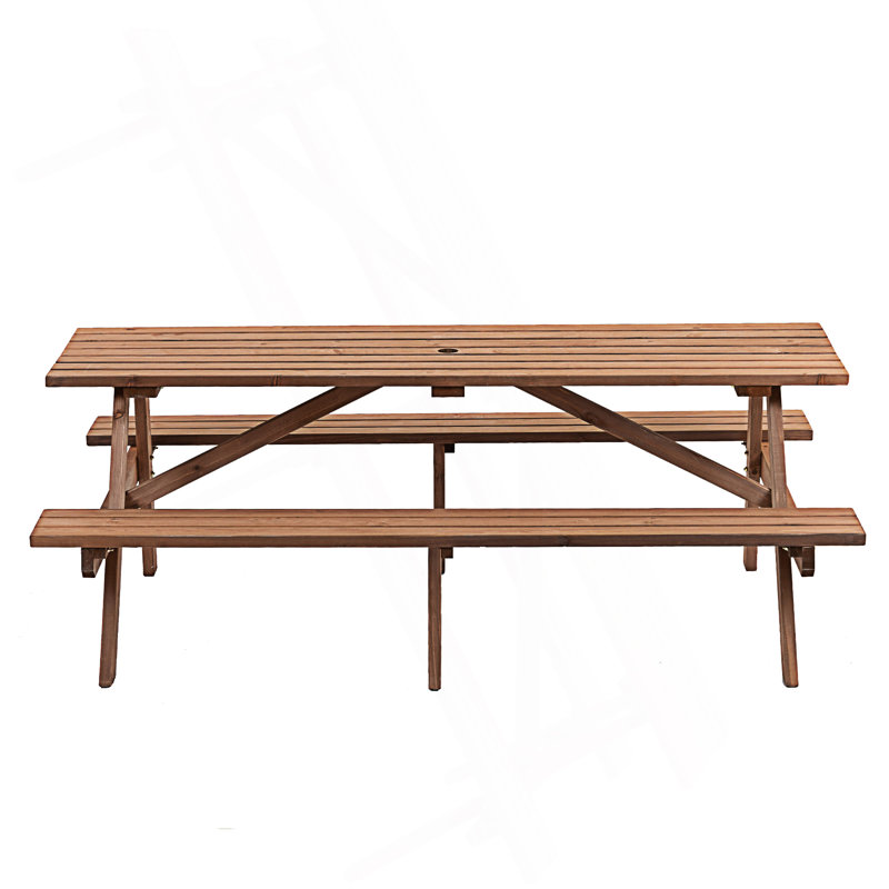 8 Person Picnic Table, Outdoor Camping Dining Table With 2 Built-In Benches, Brown