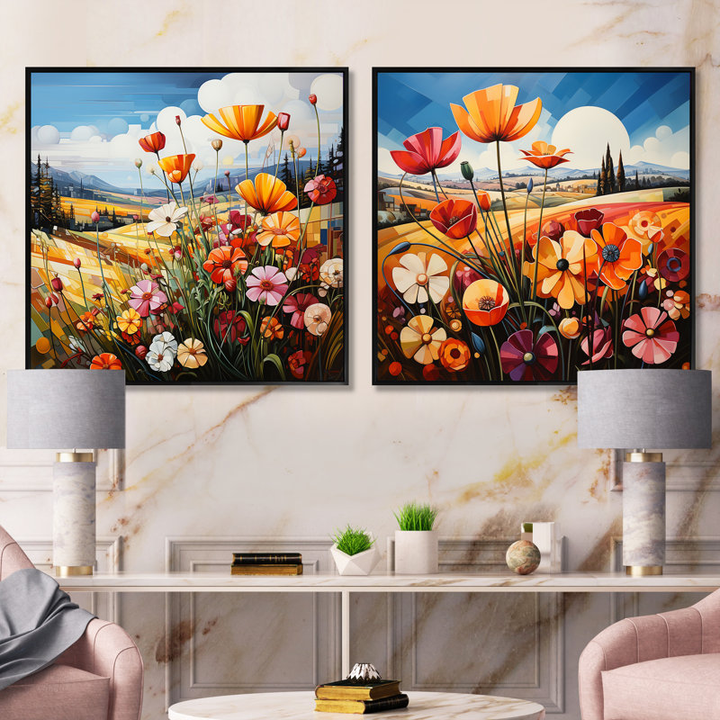 Abstrait harmonie Blooms Field - Meadow Square, ensemble de 2 collages, Cadre flottant noir, H 36 po x l 73 po