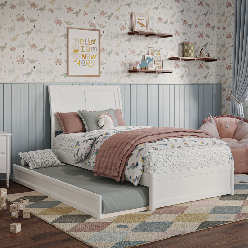 Lamayia Solid Wood Sleigh Platform Bed with Footboard & Roll Out Trundle, Twin, White