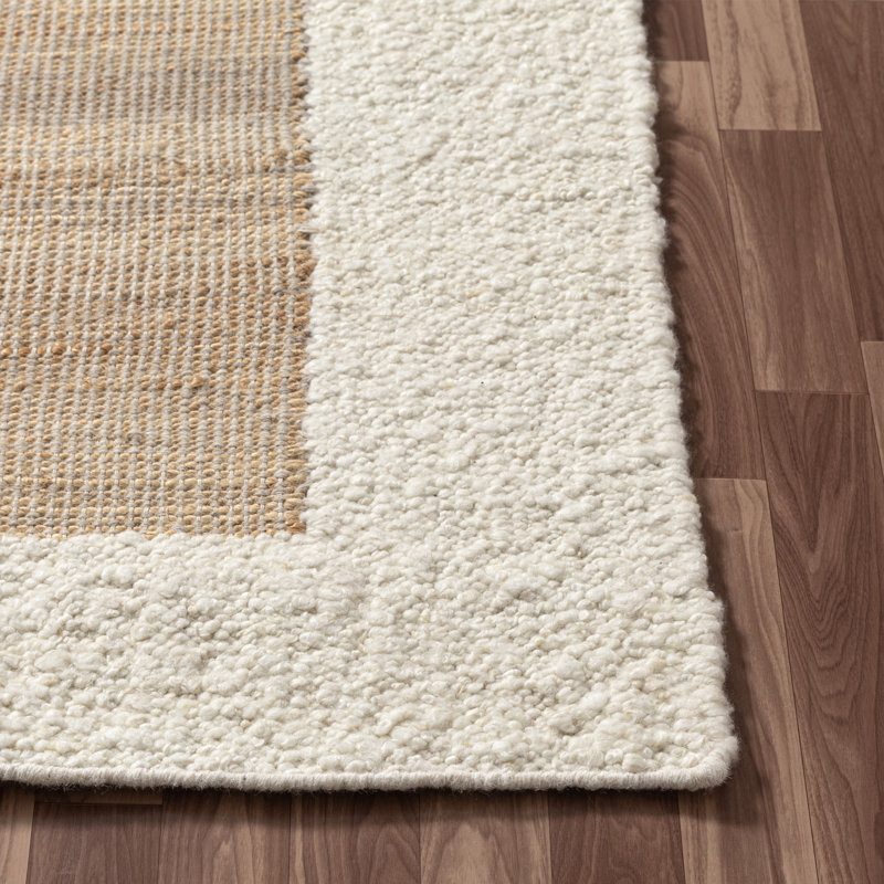 Modern Farmhouse Handmade Wool/Jute Bordered Indoor Area Rug, Beige/Ivory, 5'9" x 8'9"