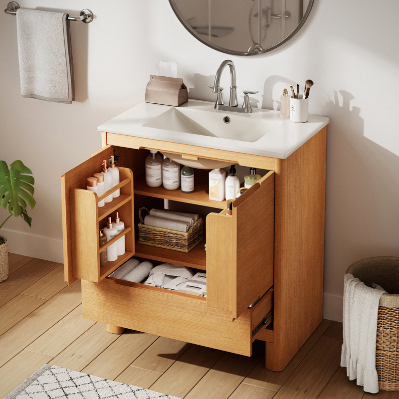 Clare 30'' Single Bathroom Vanity With Ceramic Top, Brun pâle
