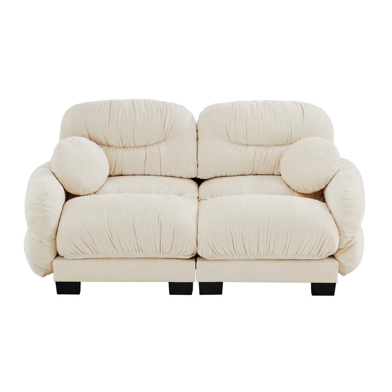 Canapé 2 places avec accoudoirs courbés et deux coussins décoratifs ronds, Beige Chenille