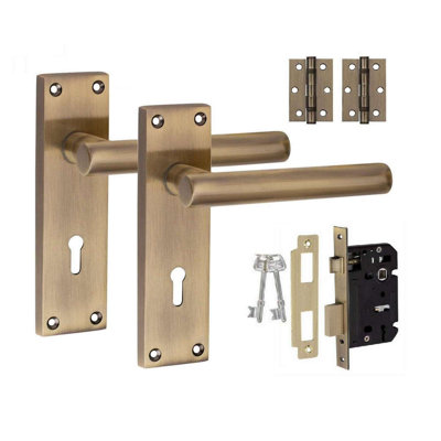 Golden Grace 1 Pair Victorian Straight T-Bar Scroll Lock Door Handle Antique Brass - Secure and Elegant 3 Lever Lock Set - 150mm x 40mm