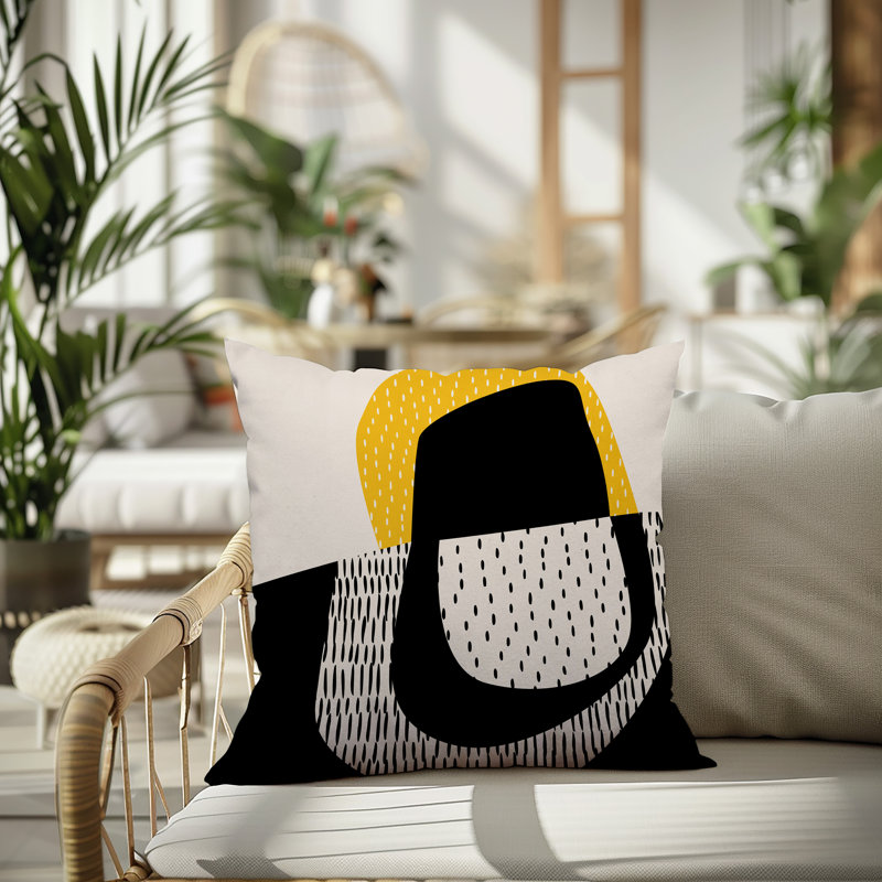 Coussin carré intérieur / extérieur pia, H 17 po x l 17 po, Jaune / noir / blanc cassé