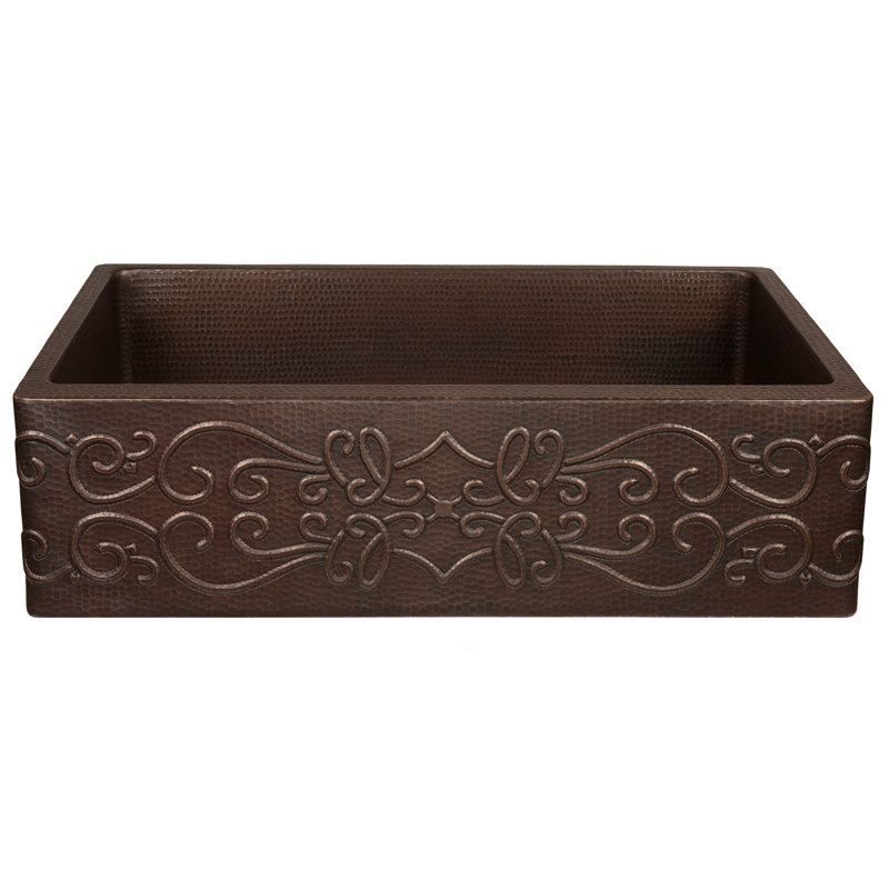 33" Hammered Copper Kitchen Apron Single Basin Sink w/ Scroll Design with Matching Drain and Accessories