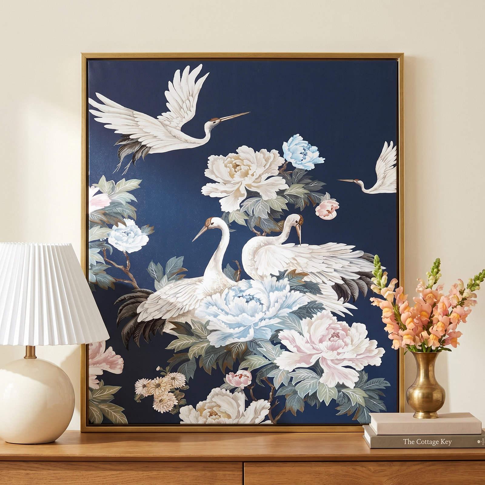 Danbury "Pearly White Cranes II" Painting, 16.25" H x 14.25" W x 0.88" D, Gold
