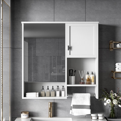 Armoire à pharmacie murale moderne avec miroir, armoire de rangement 29 po x 28 po avec tablettes réglables et barre à serviettes, panneau de fibres à densité moyenne et verre