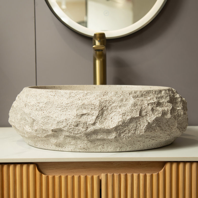 Lavabo de salle de bain 18 po, vasque irrégulière ovale en résine avec motif de pierre, lavabo de style artistique, sans robinet, couleur beige