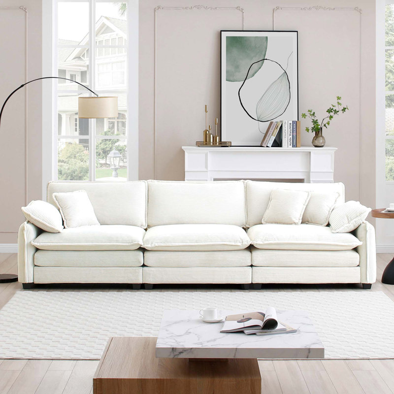 Canapé modulaire Mid-Century 3 places avec coussins, Beige