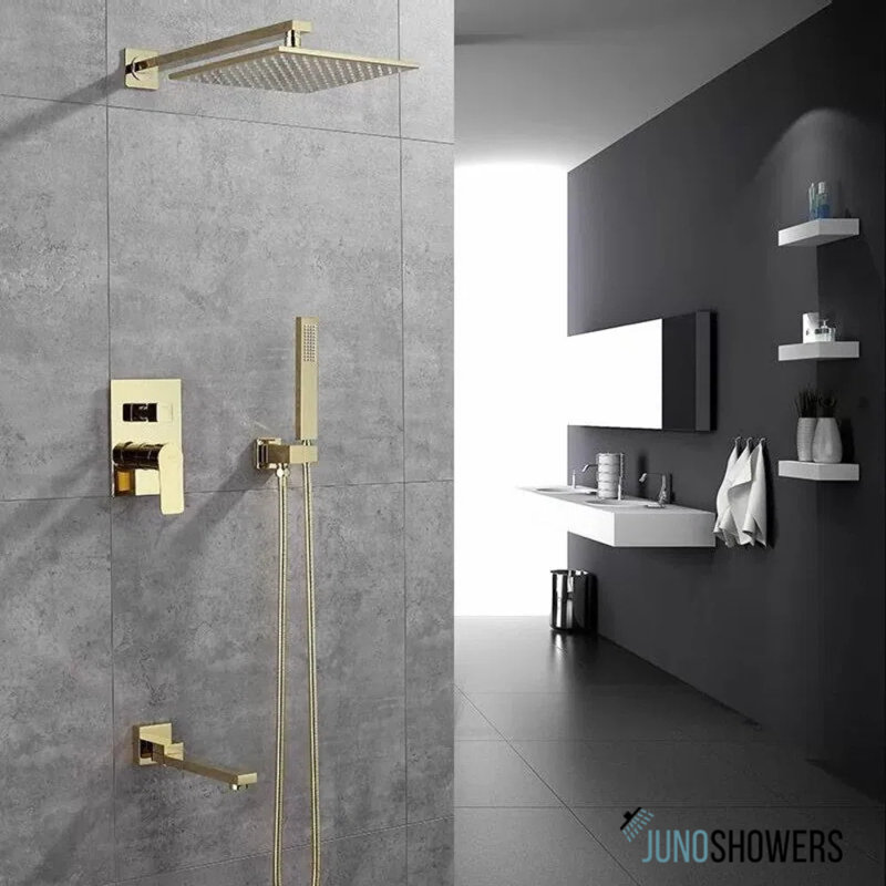 Juno White Design Gold Bath Shower Faucet & Shower Head with Handheld Shower
