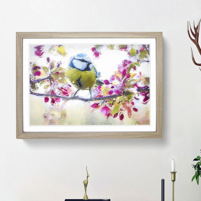 Blue Tit Bird in Spring in Abstract - Picture Frame Painting Print, Oak Framed, 62cm H x 87cm W x 2cm D