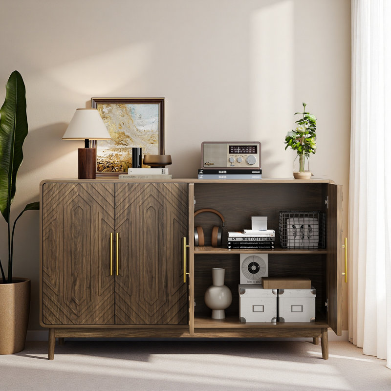 Sideboard Buffet Cabinet With Storage ,Carved 4 Door Sideboard,Multifunctional Accent Cabinet With Adjustable Layer Board