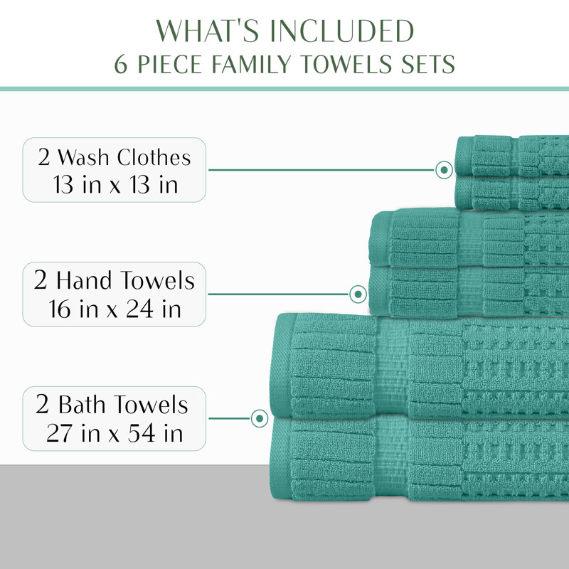 Willow 6 Pieces Towel Set – 100% Combed Cotton, Premium Quality 630 GSM, Turquoise, Ultra-Soft & Highly Absorbent (2 Bath, 2 Hand, 2 Wash Towels set)