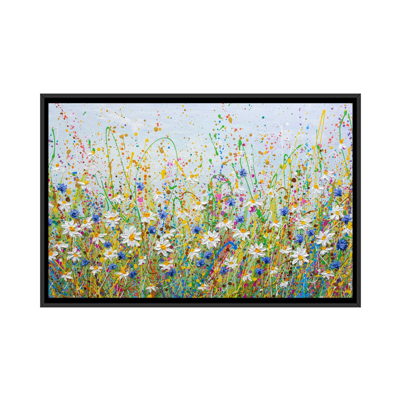 Marguerites et bleuets - reproduction d'art murale - toile encadrée, H 18 po x l 26 po, Noir