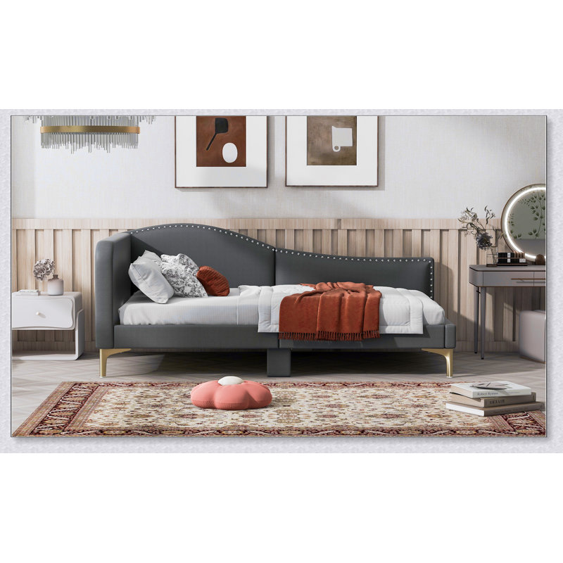 Lit de jour rembourré avec tête de lit et accoudoirs, pieds de soutien, Gris, Lit simple