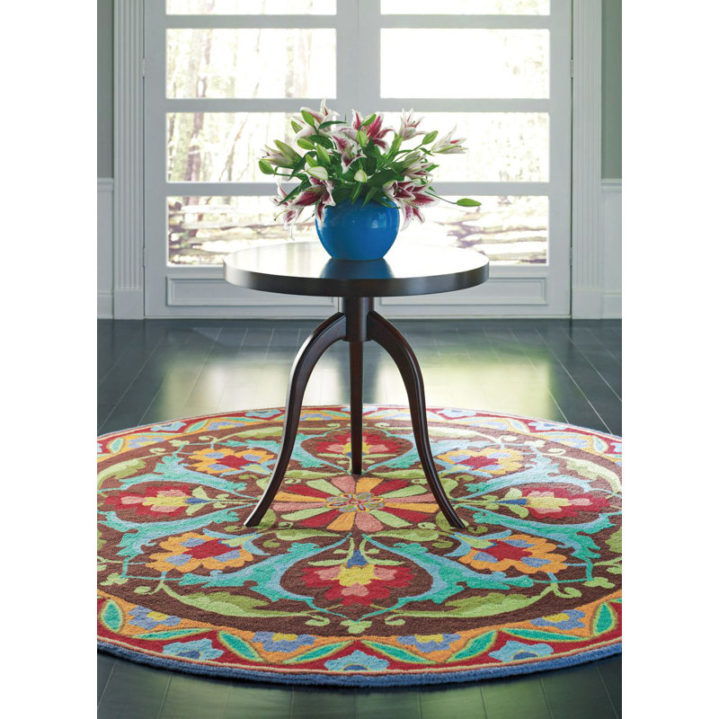 Porcelain Jar Floral Hand Hooked Wool Green/Blue/Red Area Rug, Rectangle 9' x 13'