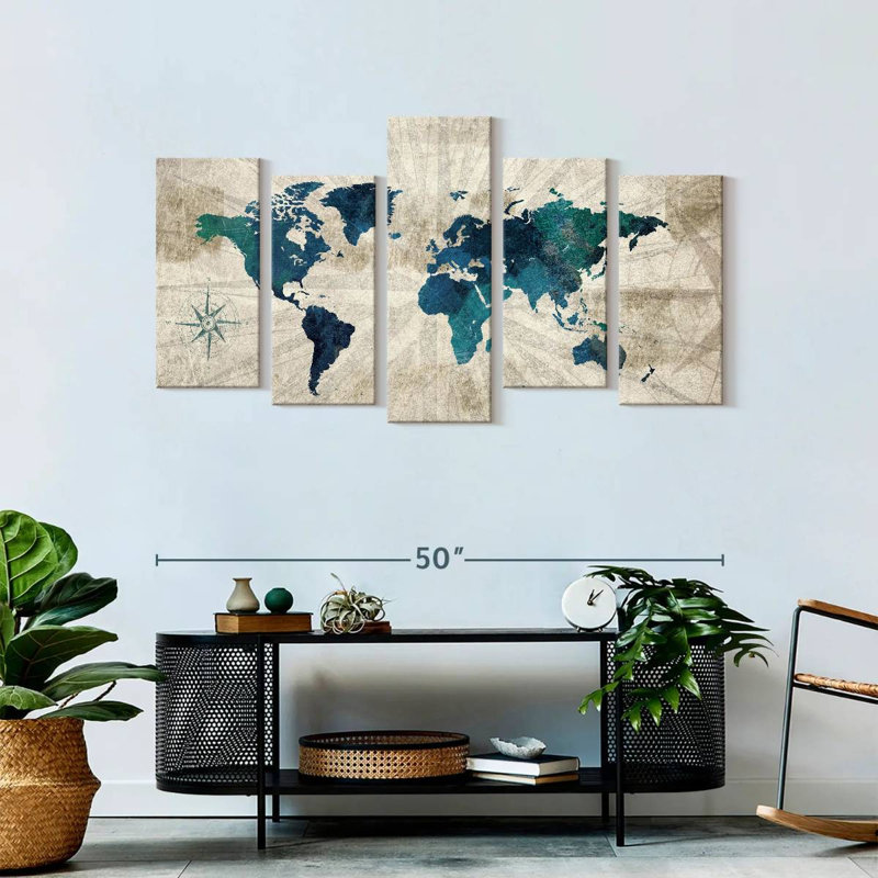 «World Map Aged World Map I» sur toile 5 pièces par Tess P, H 27 po x l 54 po x P 1,25 po