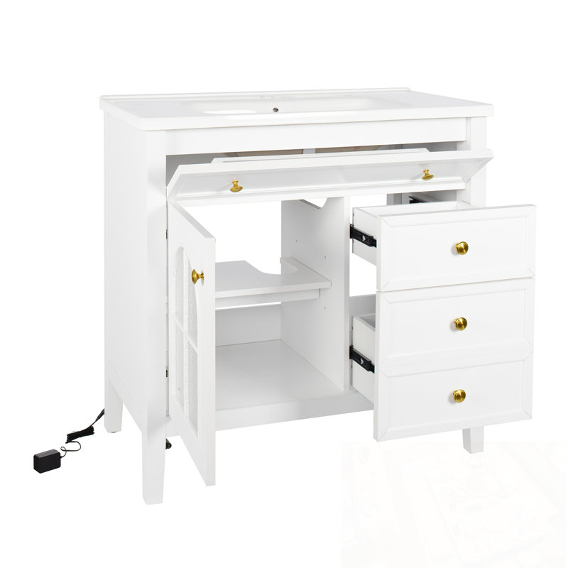 Meuble-lavabo avec lavabo, bande lumineuse et 2 tiroirs, Blanc